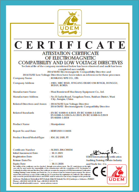 China WUXI RONNIEWELL MACHINERY EQUIPMENT CO.,LTD Certification